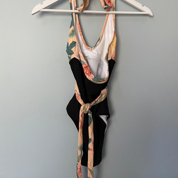Black and Peach Floral Cross Over One Piece Swimsuit with ties - Picture 10 of 13